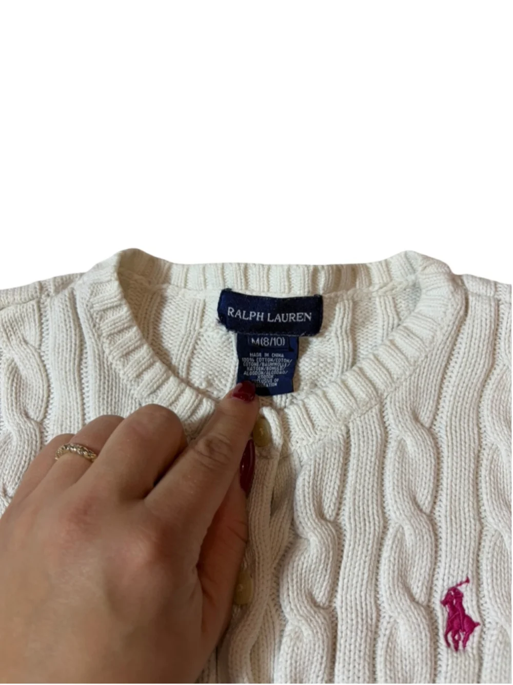 Ralph Lauren Girls Cable Knit Cardigan M 8 10 White Pink Pony Cotton Sweater